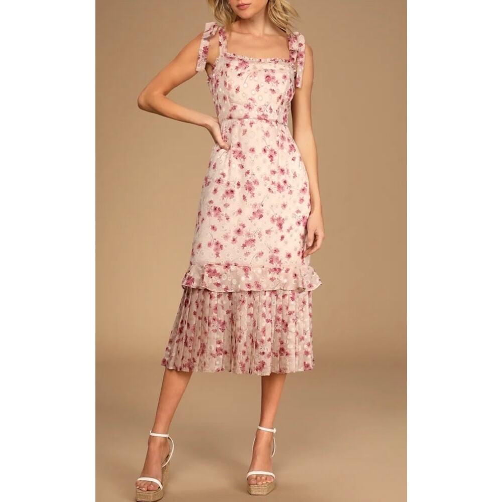 Lulu's Blush Pink Floral Midi Dress with Tie Shoulder